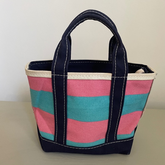 L.L. Bean Handbags - LL BEAN Mini Boat Tote Bag | Vintage Pink Blue Navy Striped Canvas | USA Made